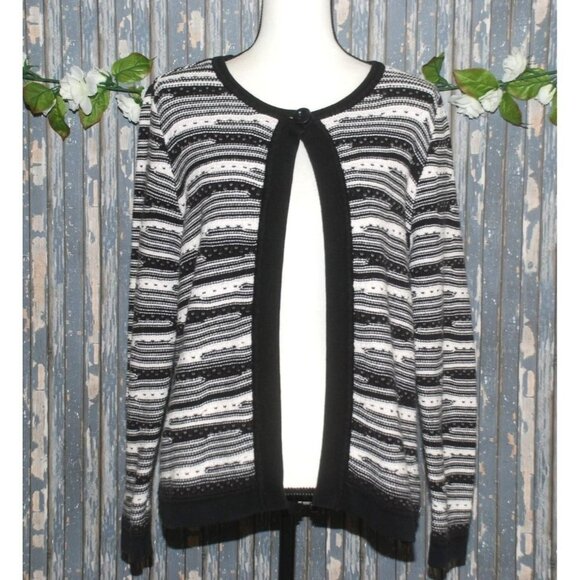 Liz Claiborne Ladies Black White Single Button Cardigan Sweater SZ M Open Front - Picture 1 of 8